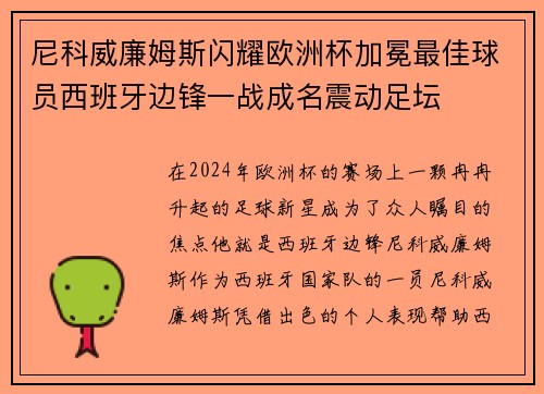 尼科威廉姆斯闪耀欧洲杯加冕最佳球员西班牙边锋一战成名震动足坛 尼科威廉姆斯闪耀欧洲杯加冕最佳球员西班牙边锋一战成名震动足坛